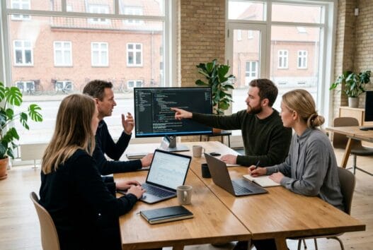 Dansk webbureau i farre (8472) med team ved computer og digitale dashboards i lyst kontormiljø