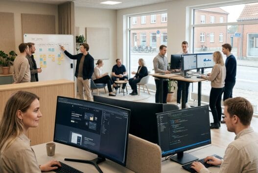 Skandinavisk team arbejder med webdesign og SEO i et moderne kontor i Farsø