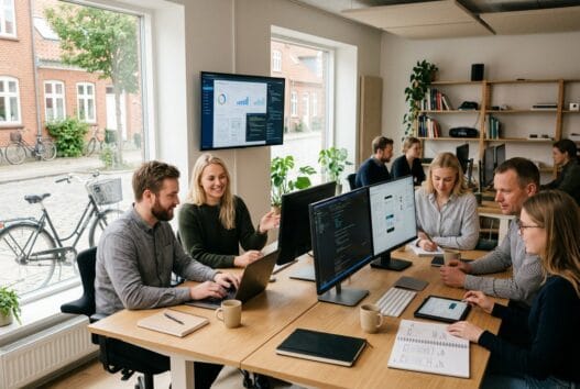 Dansk team arbejder med webdesign og SEO i moderne kontor i Farstrup