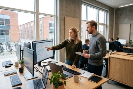 Moderne webbureau i Farum med skandinaviske kolleger foran digitale dashboards og computere