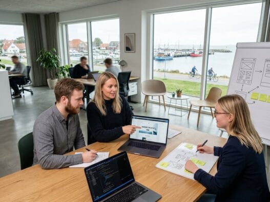 Moderne webbureau i Faxe Ladeplads med dansk team, der arbejder ved computer i lyst kontormiljø
