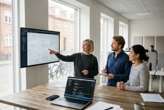 Moderne webbureau i Felsted med skandinavisk team, der arbejder ved computer i lyst kontormiljø