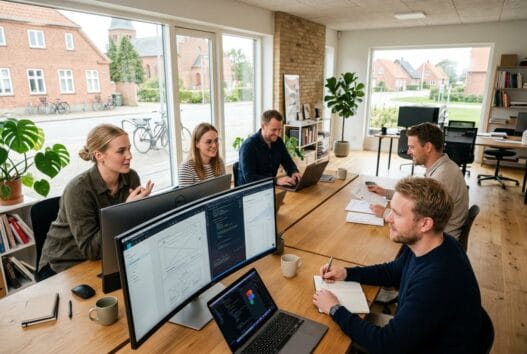 Moderne webbureau i Fensmark med skandinavisk team, der arbejder med digital markedsføring ved computere