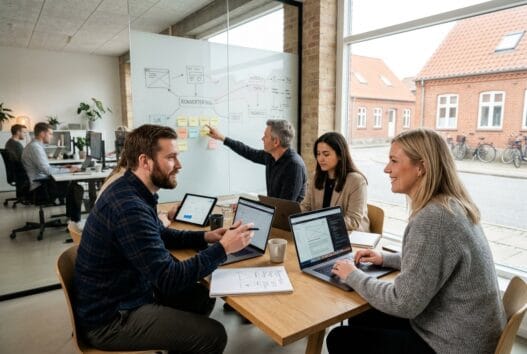 Moderne webbureau i Ferritslev med skandinavisk team ved computer og digitale dashboards