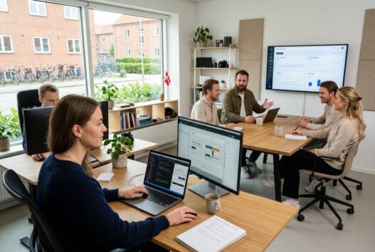 Moderne webbureau i Filskov med dansk team foran computere og digitale dashboards