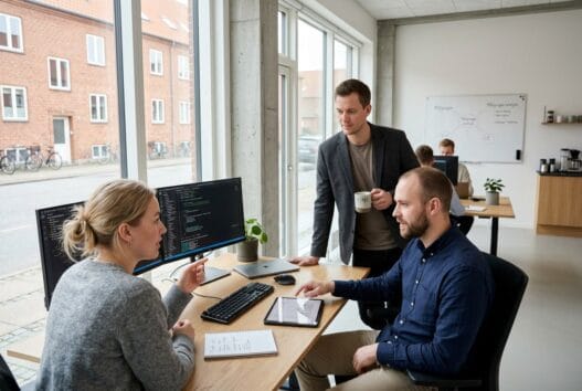 Team i moderne kontor arbejder med webdesign og digitale løsninger i finderup