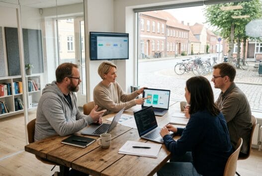 Skandinavisk webteam arbejder ved computere i et moderne kontor i fjællebro med fokus på digital udvikling