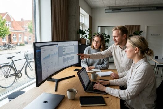 Skandinavisk team arbejder med webdesign og data på kontor i fjellerad