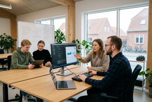 Skandinavisk team arbejder med webdesign og data i et moderne kontor i fjellerup (8585)