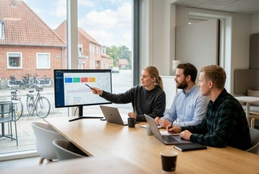 Skandinavisk webbureau i Fjelsø arbejder med design, kode og digitale dashboards i et moderne kontor