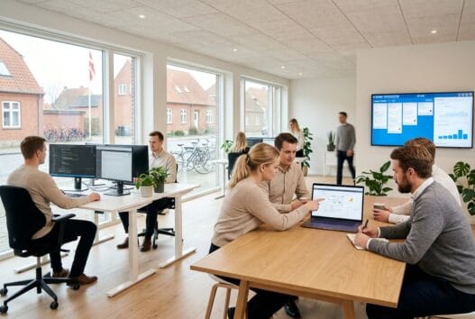 Moderne webbureau i Fjelstervang med dansk team foran skærme og digitale dashboards