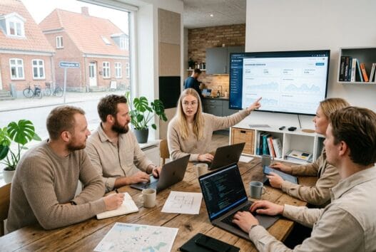 Moderne webbureau i Fjelstrup med team ved computer og digitale analyser i lyst kontor
