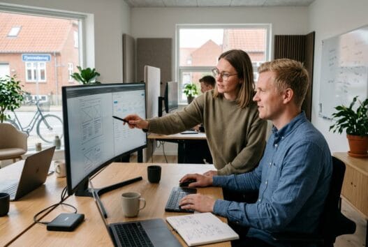 Dansk webbureau i fjenneslev med team ved computer og digitale skærme