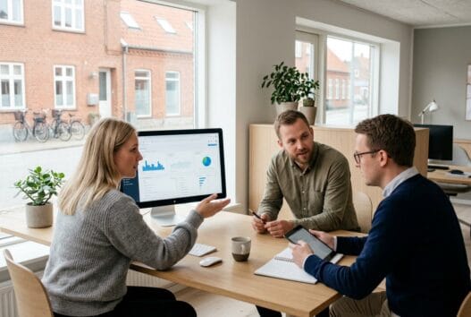 Moderne webbureau i Fjerritslev med team ved computer og digitale dashboards