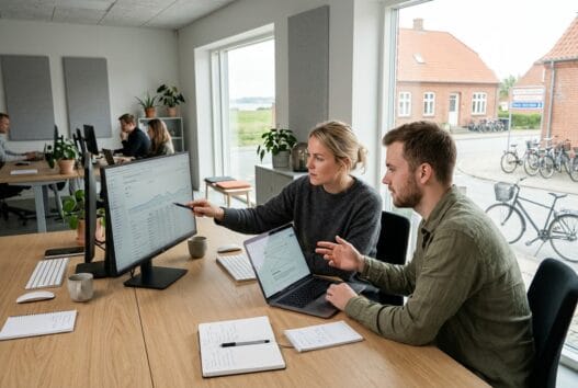 Dansk webbureau i flade med team foran skærme og digitale dashboards i moderne kontormiljø