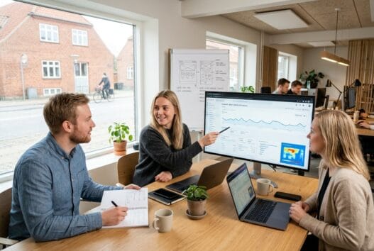 Dansk webbureau i Flauenskjold med team foran skærme og digitale dashboards