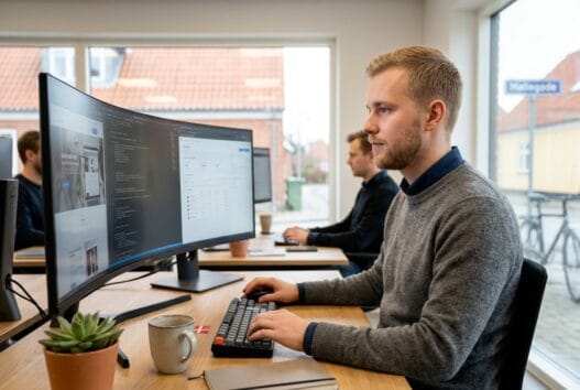 Dansk webbureau i flemløse med team, der arbejder med digitale ydelser og data på moderne kontor