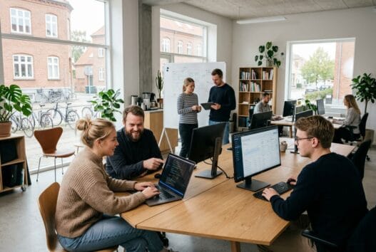 Dansk webbureau i flinterup med team foran skærme og digitale dashboards i lyst kontormiljø