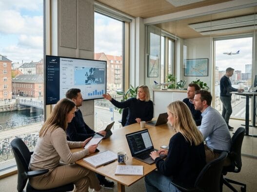 Skandinavisk team arbejder med digitale løsninger i et fly med udsigt over Danmark