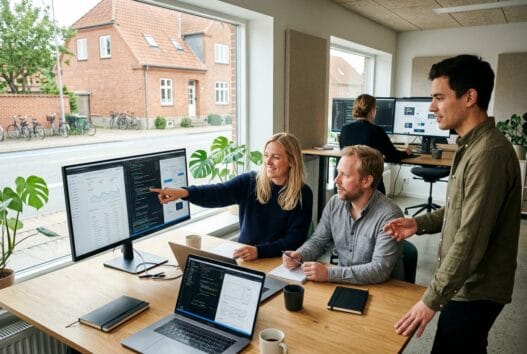 Skandinavisk webbureauteam arbejder med design og data i førslevs moderne kontormiljø