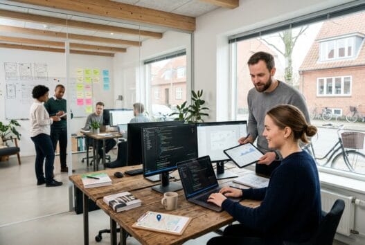 Skandinavisk team arbejder med webdesign og digitale dashboards på kontor i føvling