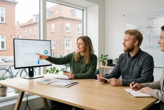 Moderne webbureau i folby med dansk team foran skærme og digitale dashboards