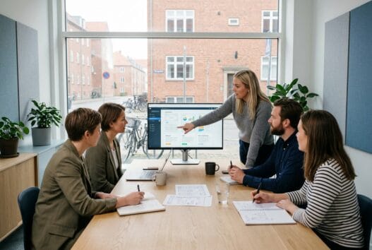 Moderne webbureau i Foldingbro med skandinavisk team foran dashboards og computerskærme
