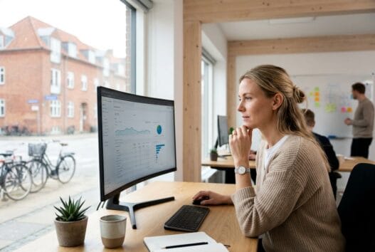 Skandinavisk webbureau i fole med team ved computer og digitale dashboards