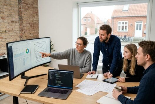 Skandinavisk webbureau i føllenslev med team foran skærme og digitale dashboards