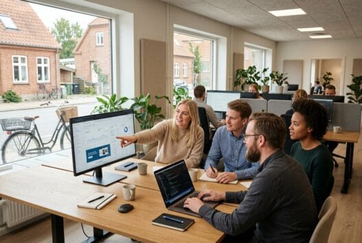 Dansk webbureau i føns med team ved computere og dashboards i et lyst, moderne kontor