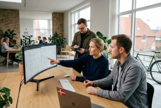 Moderne webbureau i Forlev med skandinavisk team ved computere og digitale dashboards