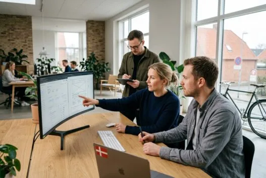 Moderne webbureau i Forlev med skandinavisk team ved computere og digitale dashboards