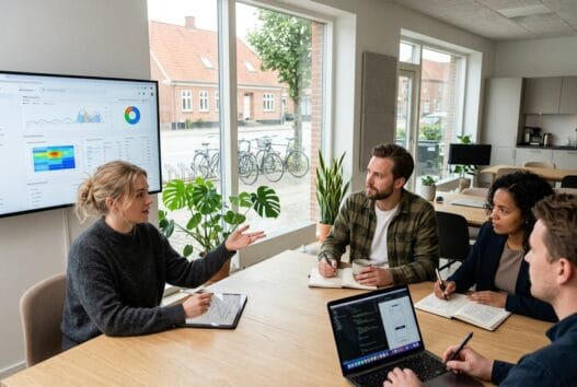 Moderne webbureau i Fredensborg med dansk team foran skærme og digitale dashboards