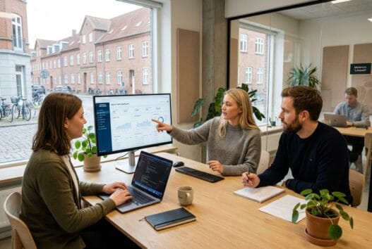 Skandinavisk webbureau i Fredericia med team, der arbejder med design, kode og digitale dashboards