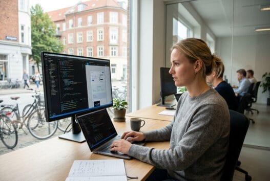 Dansk webbureau i frederiks med team ved computer og digitale dashboards
