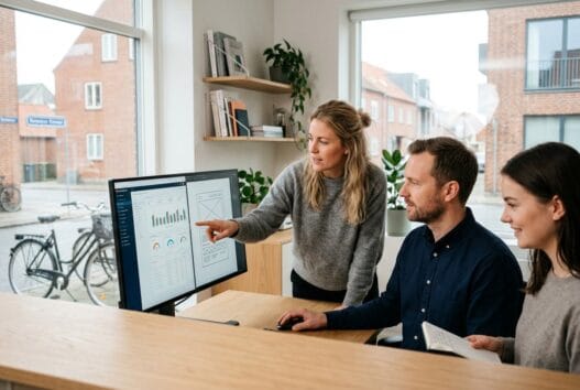 Realistisk kontorscene med dansk team, der arbejder med webdesign og SEO i frederiksværk