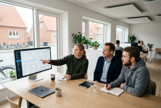 Skandinavisk webbureau i Frejlev med team ved computere og digitale dashboards