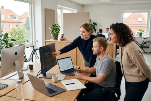 Moderne webbureau i Frørup med danske medarbejdere ved computer og digitale dashboards