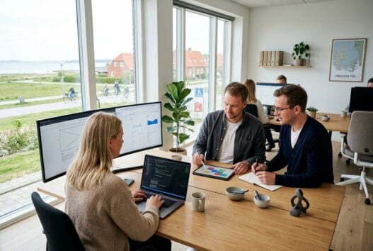 Dansk webbureau i Frølunde Fed med team ved computere og dashboards i moderne kontor