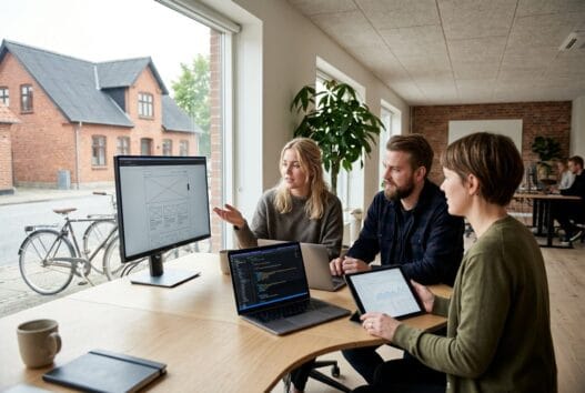 Moderne webbureau i frøslev med team ved computer og digitale dashboards