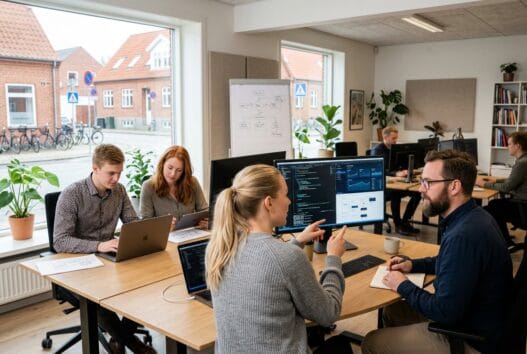 Moderne webbureau i Frøstrup med dansk team foran computere og digitale dashboards