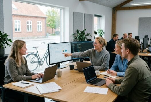 Moderne webbureau i Fruering med danske medarbejdere foran skærme og digitale dashboards
