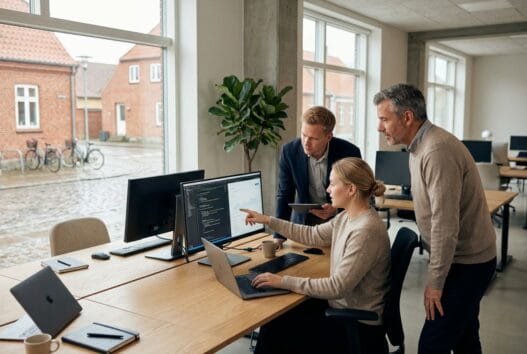 To personer arbejder med webdesign og data på et moderne kontor i fuglebjerg med naturligt lys