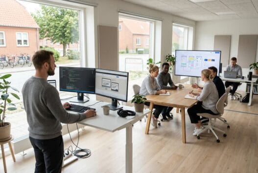 Moderne webbureau i Funder Kirkeby med team ved computer og digitale dashboards