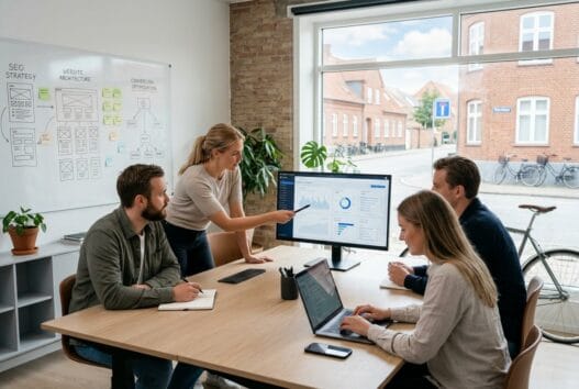 To medarbejdere arbejder med digital strategi i et moderne webbureau i Fynshav