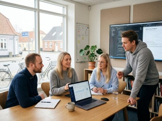 Moderne webbureau i Gårslev med dansk team, der arbejder med digitale løsninger ved computere