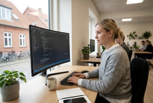 Skandinavisk webteam arbejder med digitale løsninger i et moderne kontor i gadbjerg