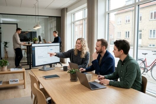 Skandinavisk team arbejder med webdesign og digitale dashboards i et kontor i Galten