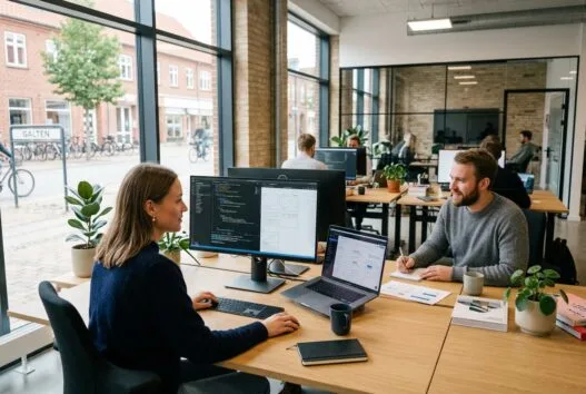 Skandinavisk team arbejder med webdesign og data i et moderne kontor i Galten