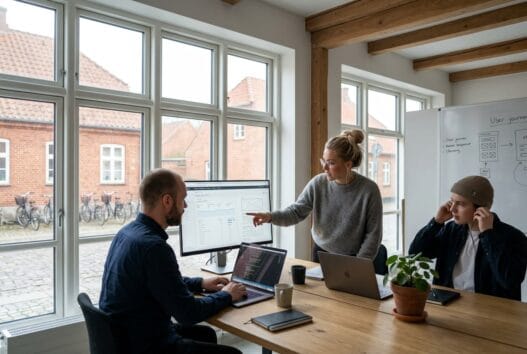 Skandinavisk team arbejder med webdesign og SEO i moderne kontor i gammel kalvehave